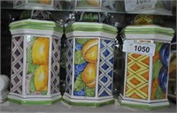 4 Hexagonal Hand Painted canisters w/lids