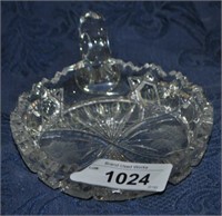 Etched glass candy dish with handle
