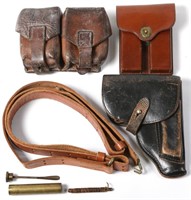 LOT OF LEATHER AMMO POUCHES, BELT AND HOLSTER