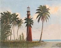 J. BARNHILL FLORIDA LIGHTHOUSE BEACH OIL ON CANVAS