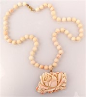 14K YELLOW GOLD PINK CORAL ROSE NECKLACE