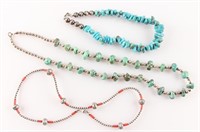 3 BEADED STERLING TURQUOISE & CORAL NECKLACES