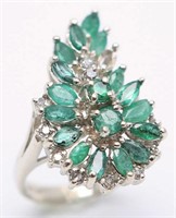 14K WHITE GOLD EMERALD AND DIAMOND CLUSTER RING