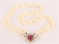 LADIES 14K RUBY DIAMOND AND RICE PEARL NECKLACE