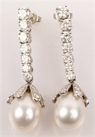 14K WHITE GOLD PEARL AND DIAMOND EARINGS