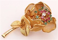 18K GOLD ROSE FLOWER WITH DIAMONDS RUBIES EMERALDS