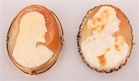 10K YELLOW GOLD & STERLING SHELL CAMEO BROOCHES