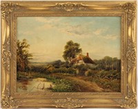 E. COLE THE COTTAGE PATH OIL ON CANVAS PAINTING