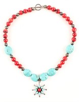LADIES STERLING SILVER TURQUOSIE CORAL NECKLACE