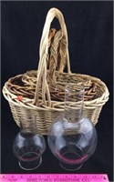 3 Wicker Baskets and 2 Glass Bulbous Chimneys