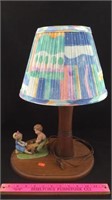Wooden Electric Lamp with Porcelain Children Decor