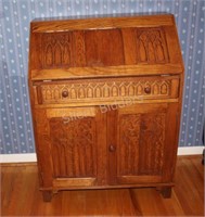 Antique Oak Carved Drop Down Writing Desk