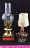 Brass Oil Lamp and Small Ceramic Electric Lamp