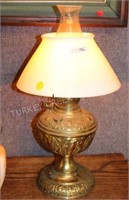 EMBOSSED BRASS RAIL LAMP W/ ANTIQUE OPAL SHADE