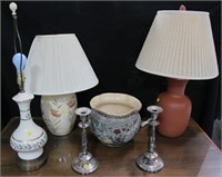 Lot, 3 table lamps, vintage 12" urn and 12" silver