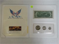 FOLDER OF 1976 BICENTENNIAL COINS, $2. NOTE & FIRS