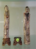 2 PC ASIAN BONE FIGURINES WITH  WOODEN BASES - MIN