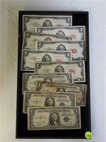10 PC CURRENCY LOT - 1953, FIVE 1953-B RED SEAL $2