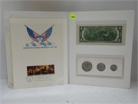 FOLDER OF 1976 BICENTENNIAL COINS, $2. NOTE & FIRS