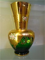 GREEN GLASS VASE WITH HAND PAINTED FLOWERS ON GOLD