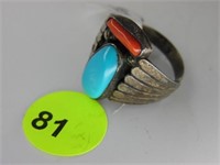 STERLING SILVER RING WITH TURQUOISE & CORAL GEMSTO