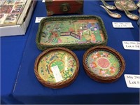VINTAGE CHINESE WICKER TRAYS WITH PAINTINGS ON