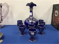 COBALT GLASS DECANTER WITH ORNATE SILVER