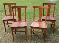 4 OAK T-BACK CHAIRS, REFINISHED CONDITION
