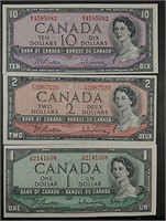 1954  $1, $2 & $10  Bank of Canada Notes