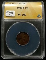 1913-S  Lincoln Cent  ANACS  VF-25