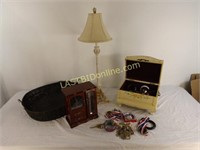 2 JEWELRY BOXES & CONTENTS, BASKET, LAMP