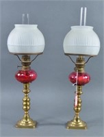 Pair of Cranberry Glass Peg Lamps