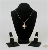 14K Gold Van Cott Crucifix Necklace, & 2 Rings