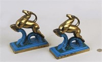 Pair Art Deco Polychromed Brass Antelope Bookends