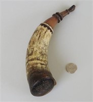 Folk Art Carved Horn & Wood Powder Horn