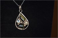Sterling Pendant w/ Pearl, Tourmaline, and