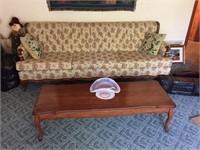 Nice Fabric Print Couch With Ornate Wood Trim