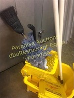 Yellow mop bucket, Brooms, signs, mop head