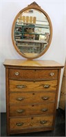 Antique Oak 5-Drawer Dresser w Beveled Wall Mirror