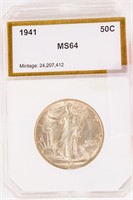 Coin 1941 Walking Liberty Half Dollar MS64 Cert.