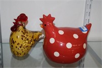 Ceramic Chicken and Art Glass Rooster