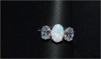 Size 8 Sterling Silver Ring w/ Opal and White