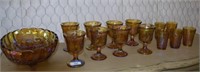 Vtg Carnival Glass Footed Bowl, Eight Wine Glasses