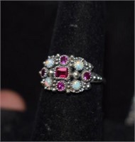 Sterling Silver Ring w/ Red Sapphires and Opals