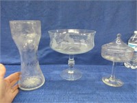 3 old etched glass pieces (vase-compote-candy)