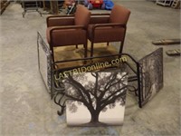 2 UPHOLSTERED CHAIRS, TABLE FRAME, ART WORKS