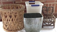 Trash cans, wood decor chair & basket