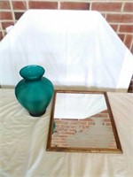 Green glass vase & framed mirror with etching