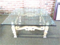 Heavy 38" square glass top coffee table with wood