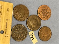 Lot of 5 large cents, well worn   (g 22)